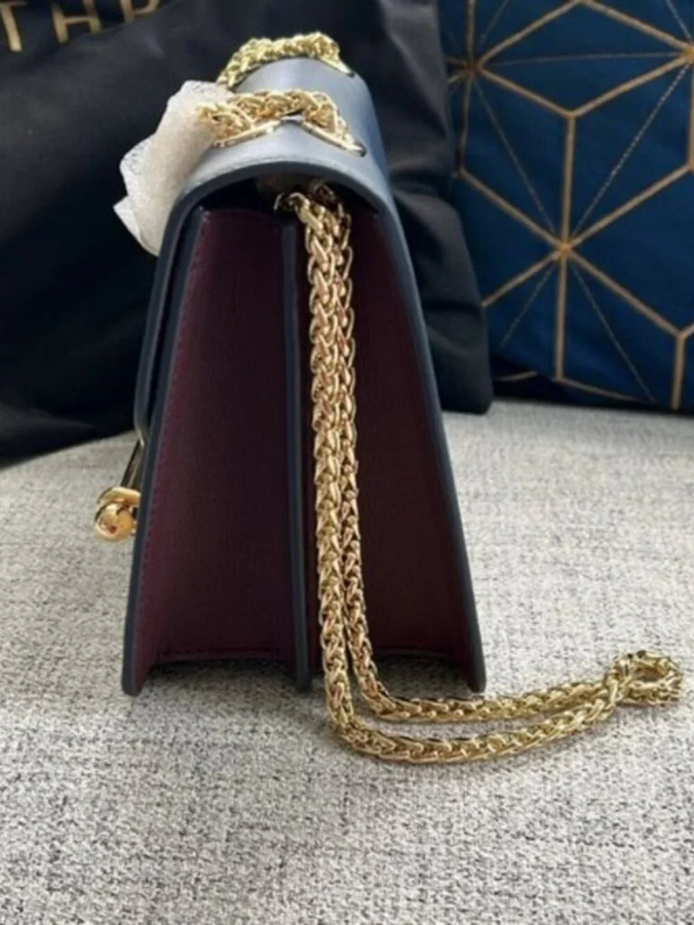 New Strathberry Navy Cream Leather Mini Bag w/ Shearling Handle & Gold Hardware
